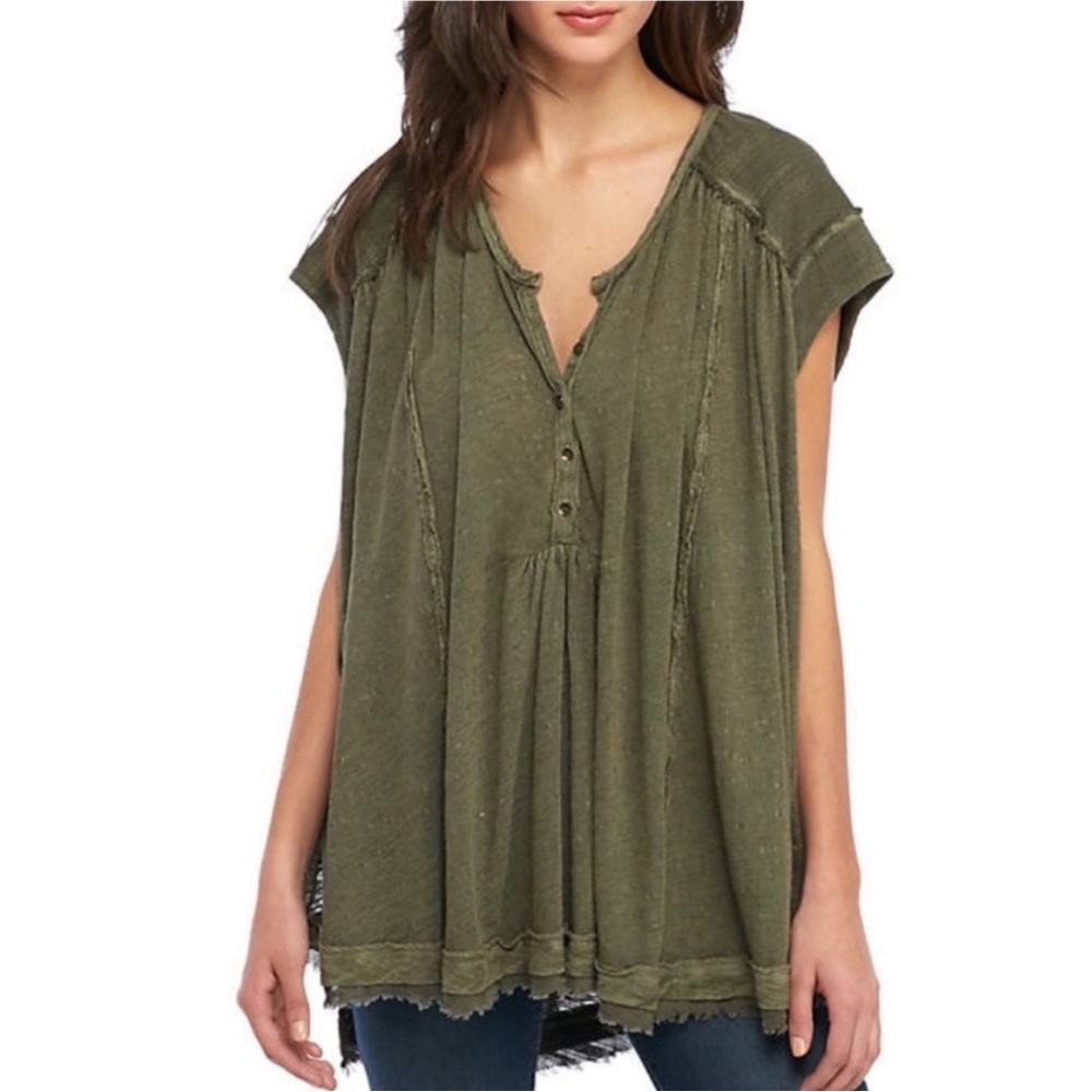 Free People Aster High-Low Henley Top in Army Boho Grunge Fairy - Large - NWT